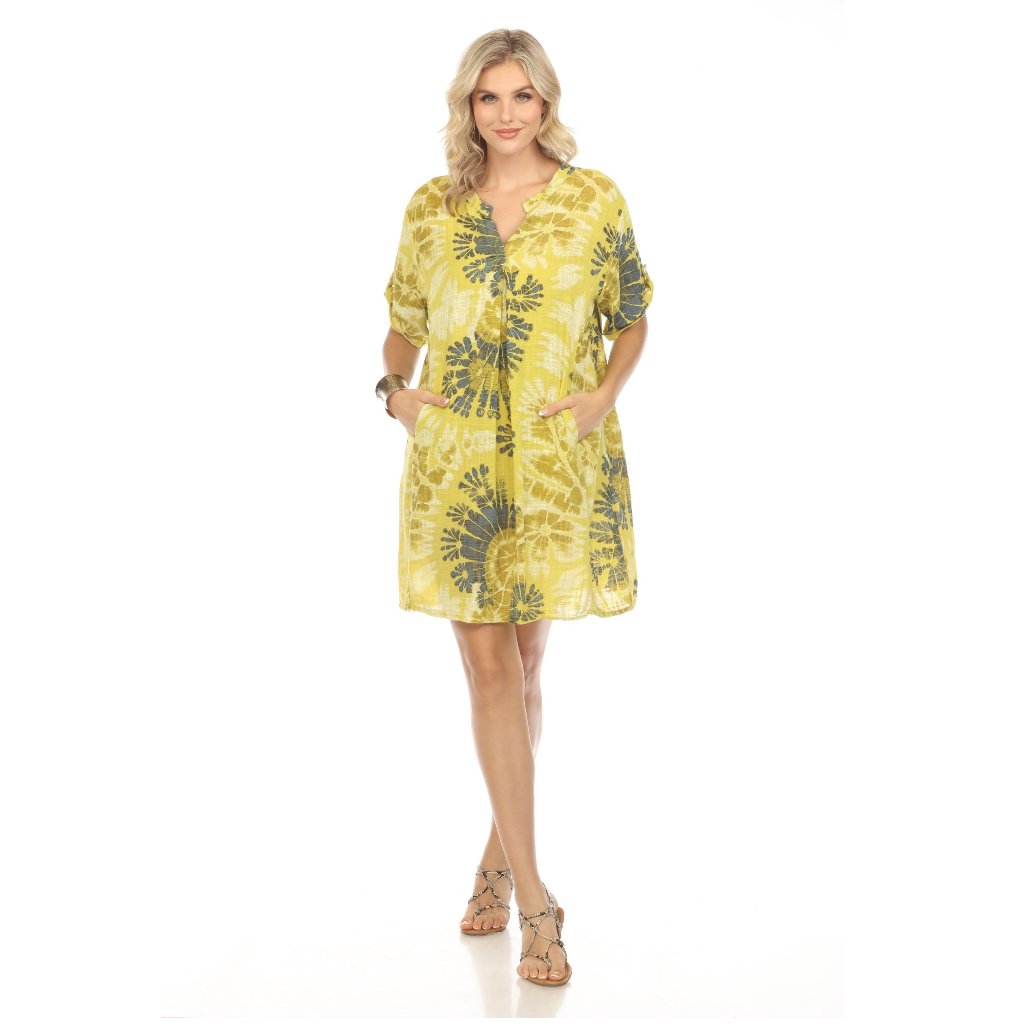 Yellow Print Button Up Sleeves Pockets Dress